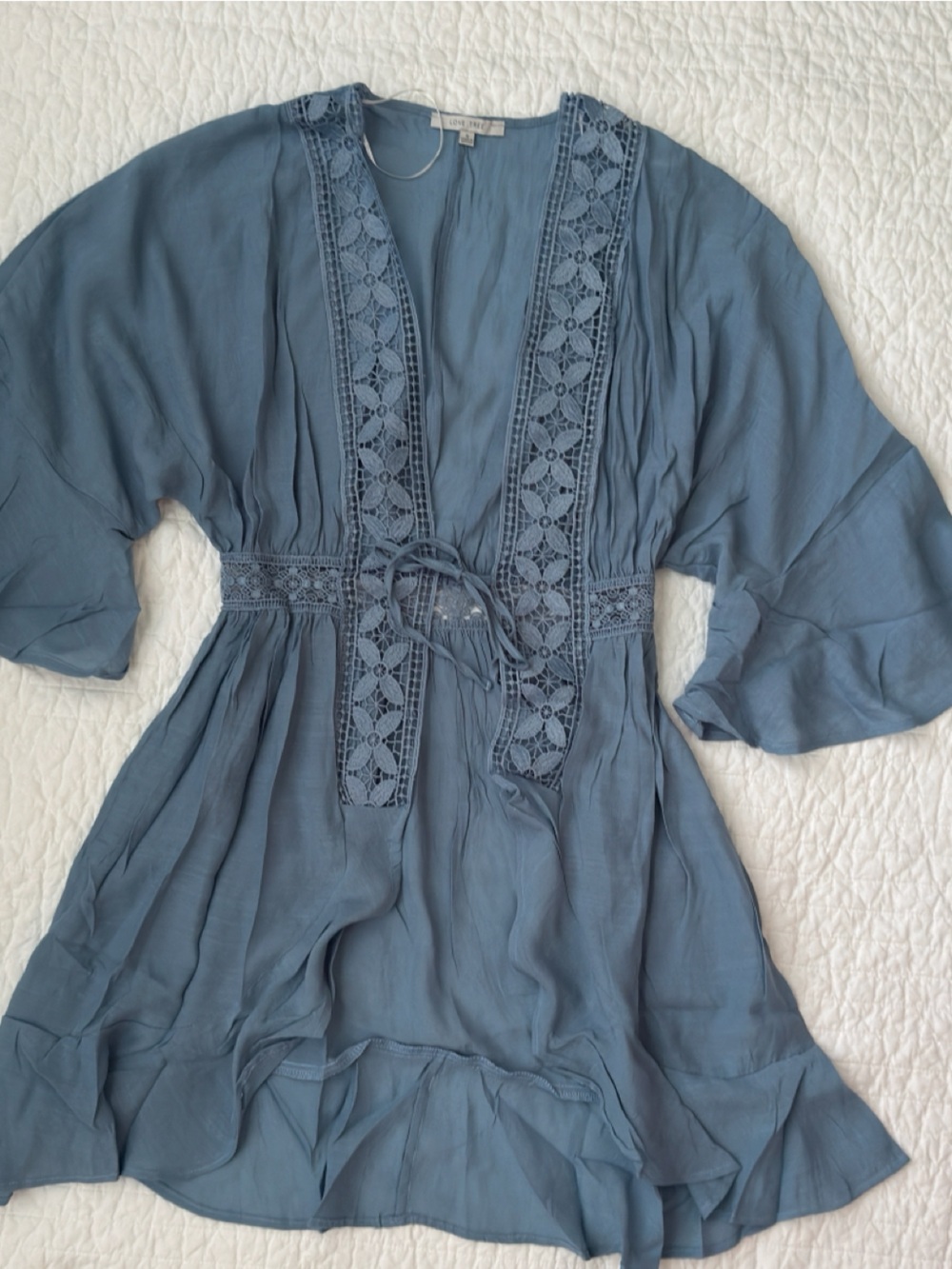 Love Tree Slate Blue Crochet-Trim Tie-Waist Tunic